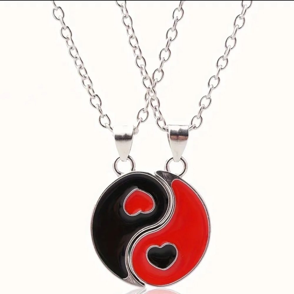 Red and Black Tai Chi Heart Pendant Necklace Set - Matching Couple Jewelry